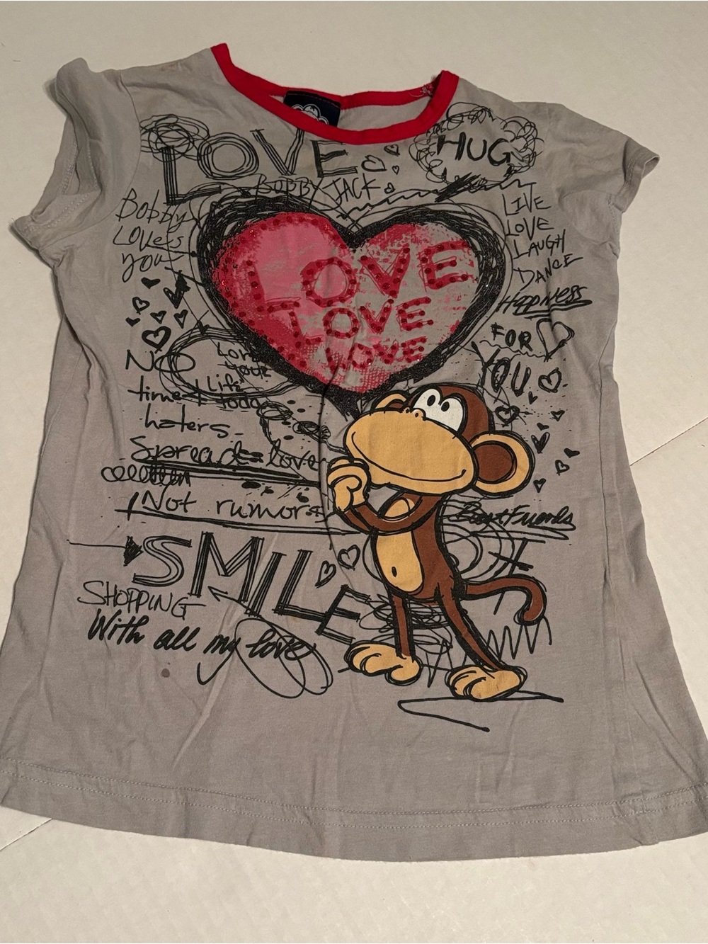 VINTAGE Y2k Bobby Jack Girls Gray Love-Monkey Graphic T-Shirt Size M